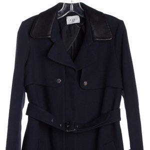 SANDRO Navy Blue Black Leather Trim Slim Coat, 8